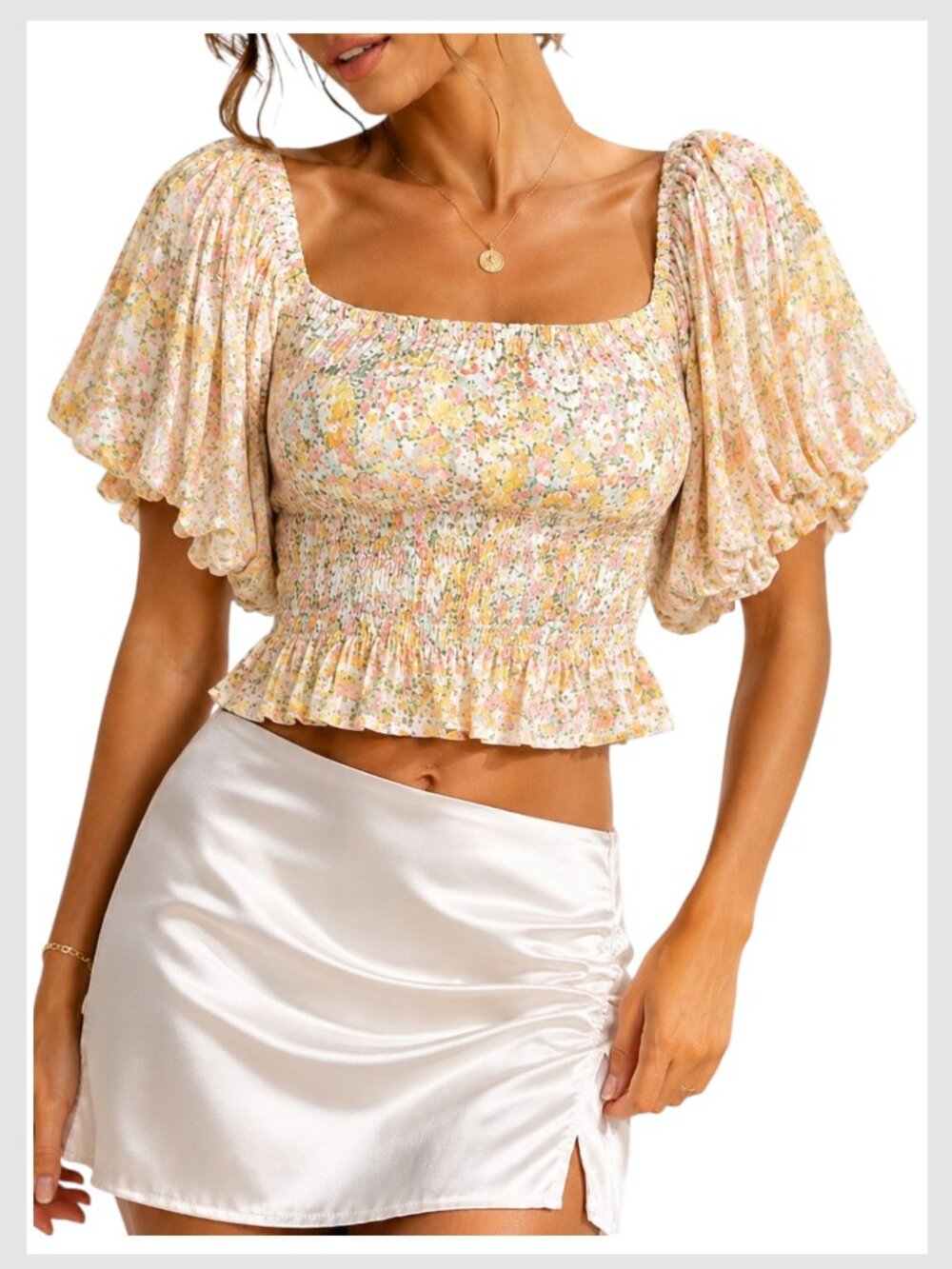 Altar’d State Floral Smocked Peplum Puff Sleeve Top XS